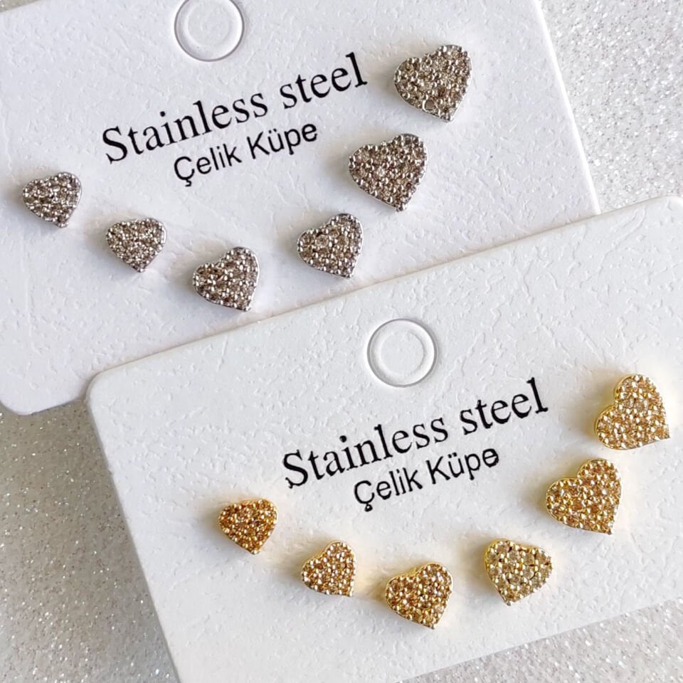 Kalp Çivi Küpe - 6'lı Küpe Seti