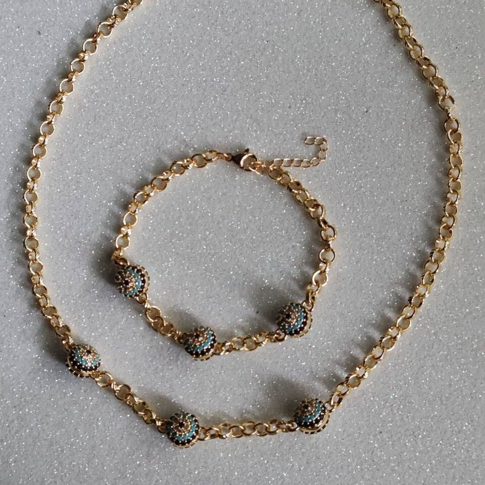 Zirkon Taşlı Nazar Boncuğu Kolye & Bileklik Seti