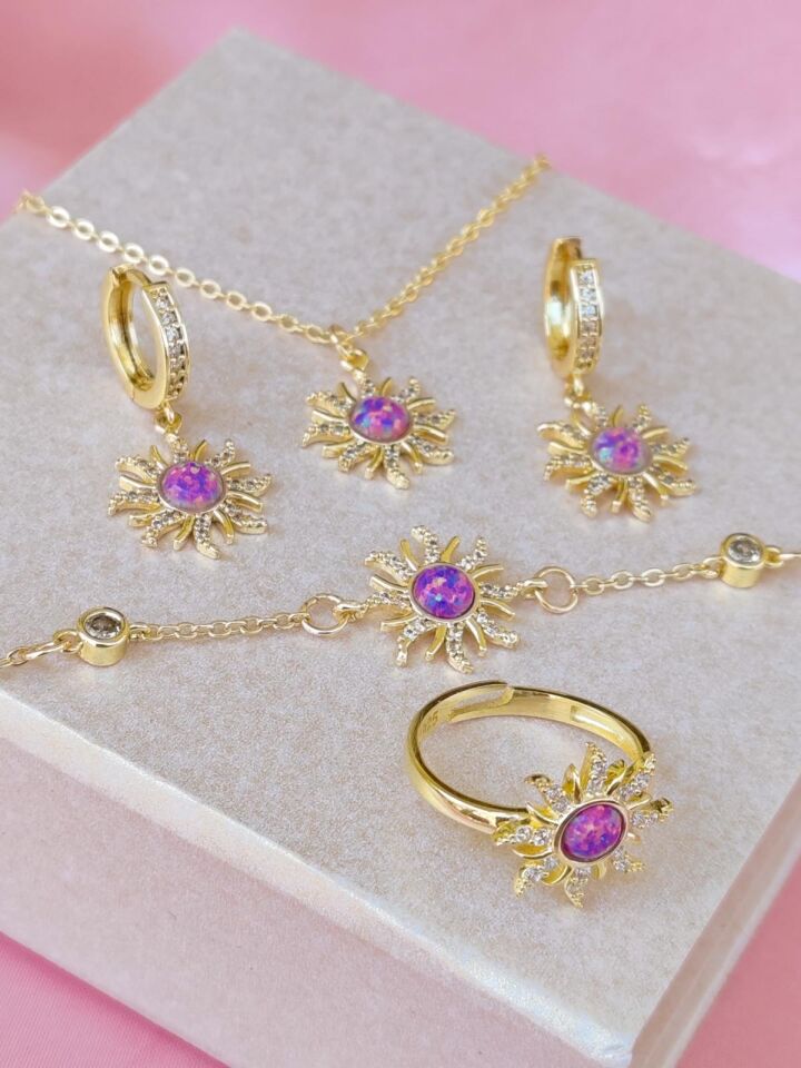 Rapunzel Güneşi Opal Kolye Küpe Yüzük Bileklik Set (Yüzük 925 Ayar Gümüştür)