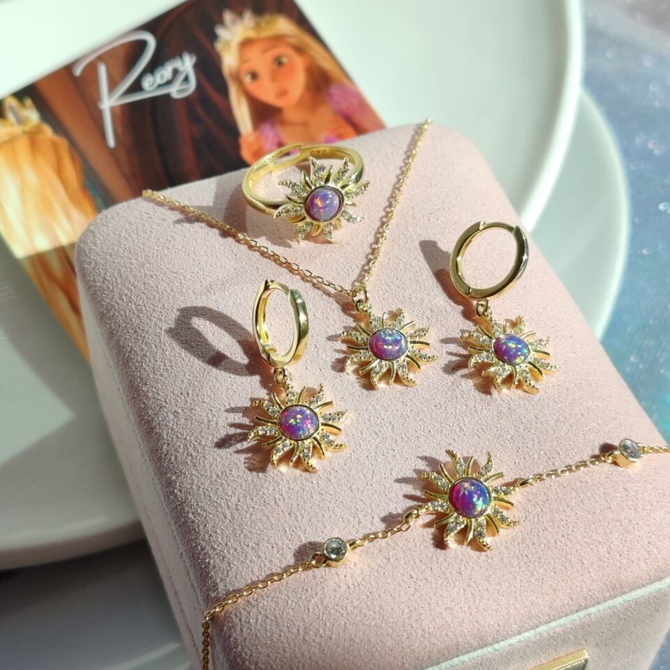 Rapunzel Güneşi Opal Kolye Küpe Yüzük Bileklik Set (Yüzük 925 Ayar Gümüştür)